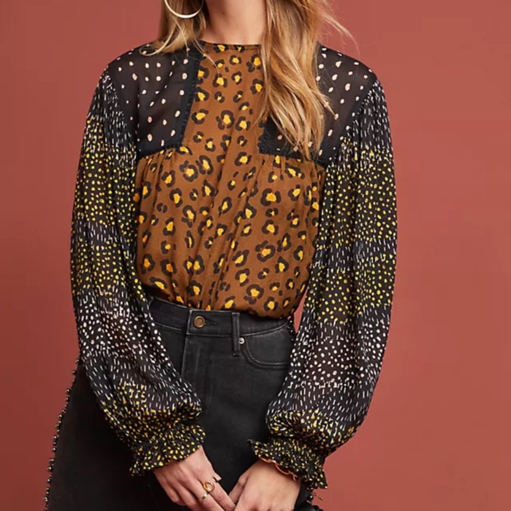 Anthropologie BI-nk Eclectic Leopard Peasant Blouse Cheetah Long Sleeve Shirt